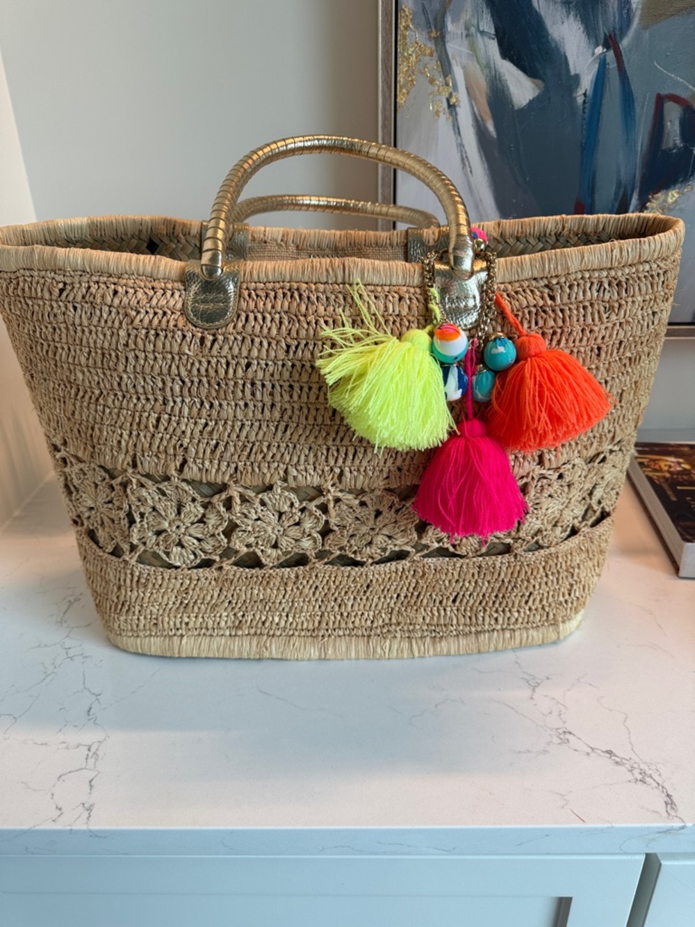 Lilly Pulitzer Natural Straw Tote with Neon Tassel Charms